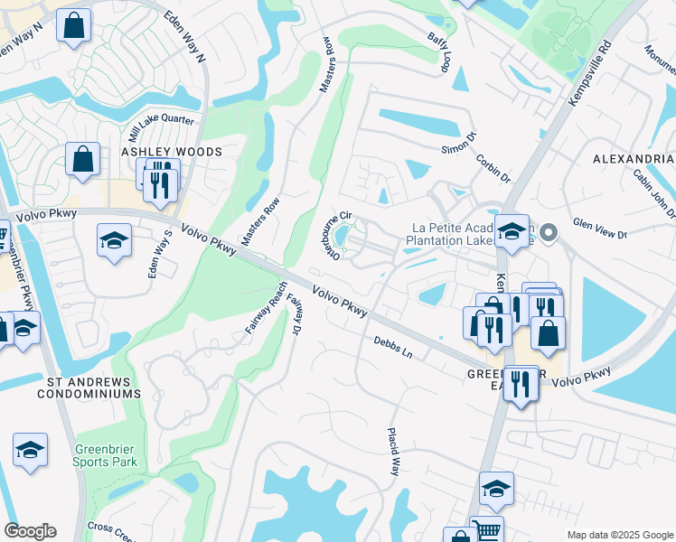 map of restaurants, bars, coffee shops, grocery stores, and more near 1439 Rollesby Way in Chesapeake