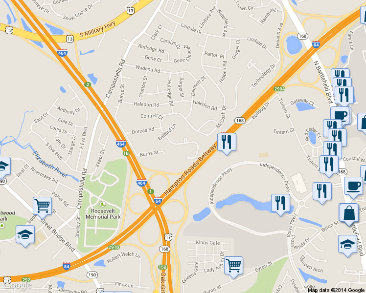 map of restaurants, bars, coffee shops, grocery stores, and more near 519 McCosh Drive in Chesapeake