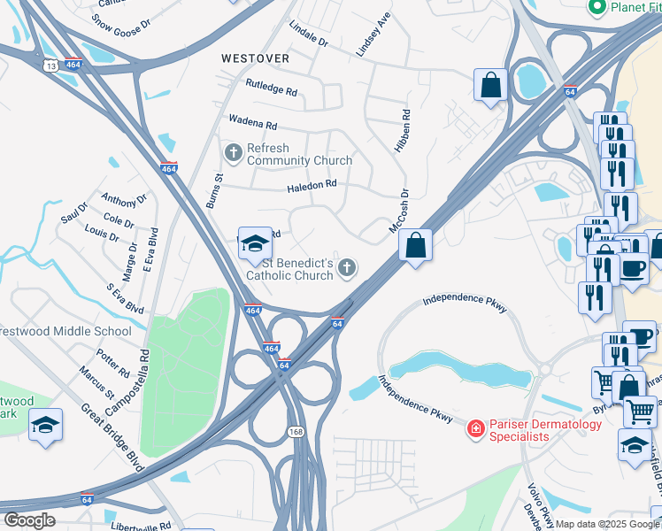 map of restaurants, bars, coffee shops, grocery stores, and more near 519 McCosh Drive in Chesapeake