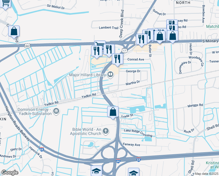 map of restaurants, bars, coffee shops, grocery stores, and more near 2841 Gavin Road in Chesapeake