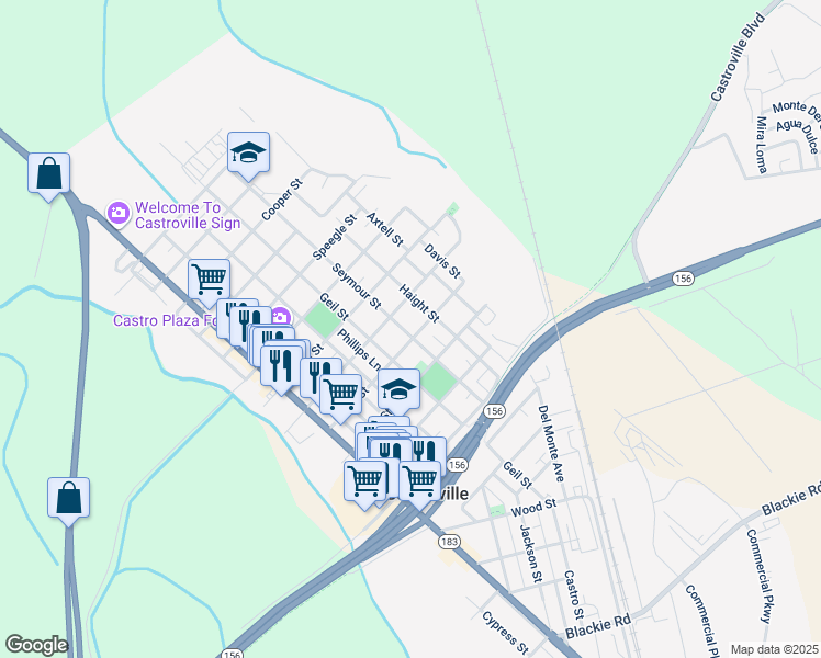 map of restaurants, bars, coffee shops, grocery stores, and more near 10997 Seymour Street in Castroville