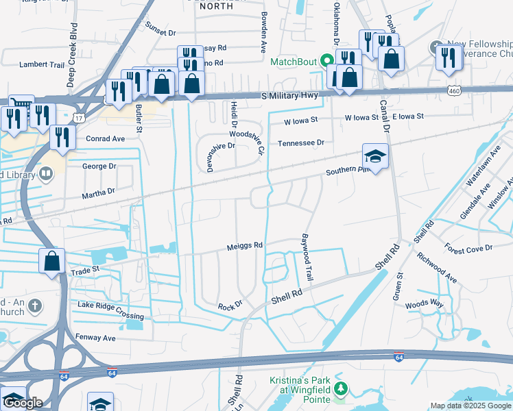 map of restaurants, bars, coffee shops, grocery stores, and more near 2336 Southern Pines Dr in Chesapeake