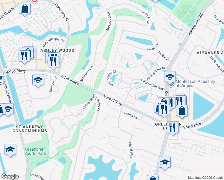map of restaurants, bars, coffee shops, grocery stores, and more near 1439 Rollesby Way in Chesapeake