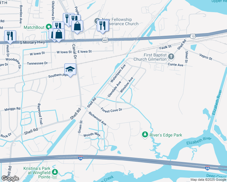 map of restaurants, bars, coffee shops, grocery stores, and more near 1333 Glendale Avenue in Chesapeake