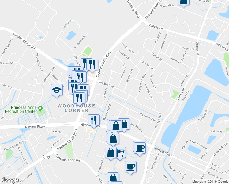 map of restaurants, bars, coffee shops, grocery stores, and more near 1188 Hopemont Drive in Virginia Beach