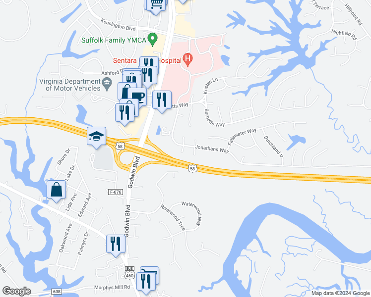 map of restaurants, bars, coffee shops, grocery stores, and more near 201 Jefferis Court in Suffolk