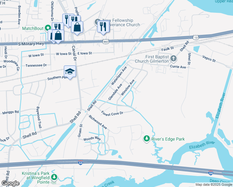 map of restaurants, bars, coffee shops, grocery stores, and more near 1337 Glendale Ave in Chesapeake