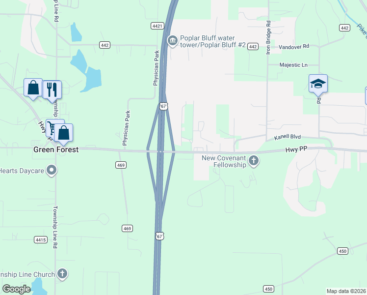 map of restaurants, bars, coffee shops, grocery stores, and more near 1149 Mistletoe Lane in Poplar Bluff