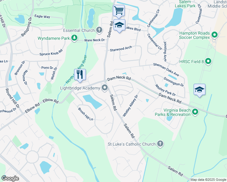 map of restaurants, bars, coffee shops, grocery stores, and more near 2117 Catworth Drive in Virginia Beach