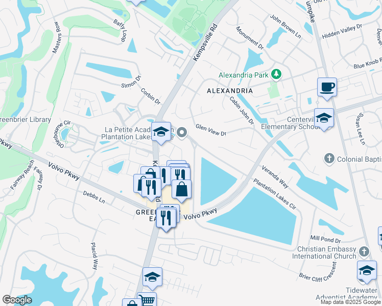 map of restaurants, bars, coffee shops, grocery stores, and more near 1536 Plantation Lakes Circle in Chesapeake