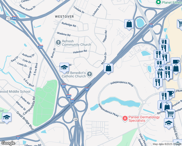 map of restaurants, bars, coffee shops, grocery stores, and more near 521 McCosh Drive in Chesapeake