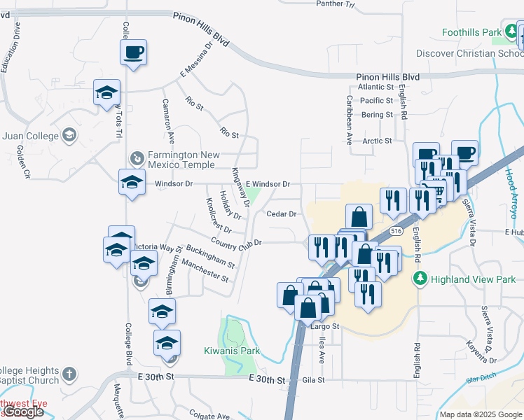 map of restaurants, bars, coffee shops, grocery stores, and more near 2909 Cedar Drive in Farmington