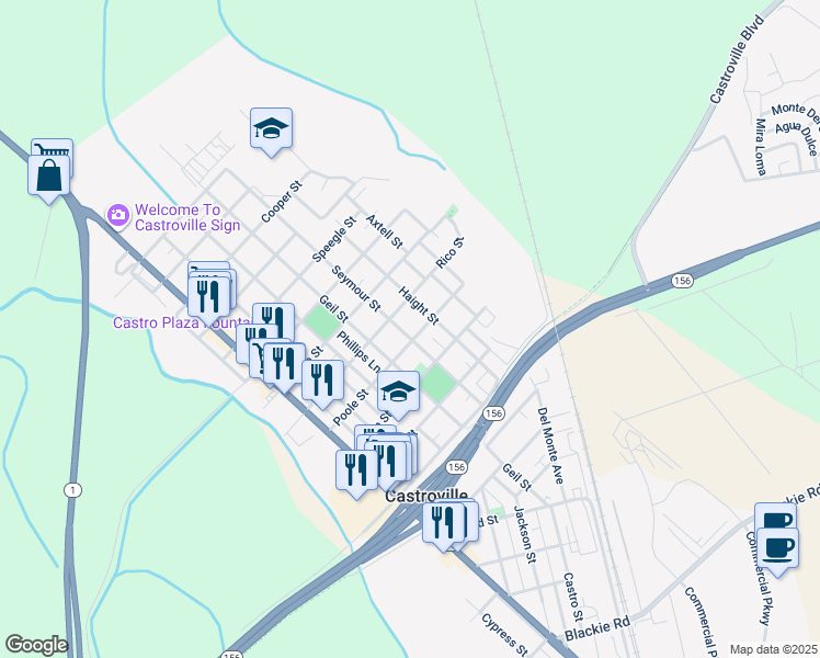 map of restaurants, bars, coffee shops, grocery stores, and more near 10997 Seymour Street in Castroville