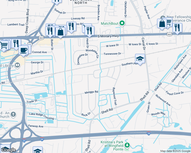 map of restaurants, bars, coffee shops, grocery stores, and more near 2336 Southern Pines Dr in Chesapeake