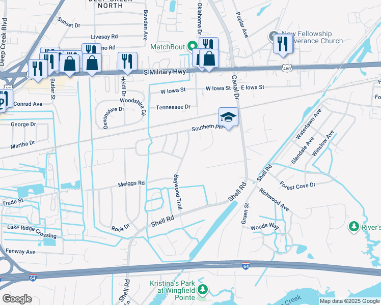 map of restaurants, bars, coffee shops, grocery stores, and more near 709 Baywood Trail in Chesapeake