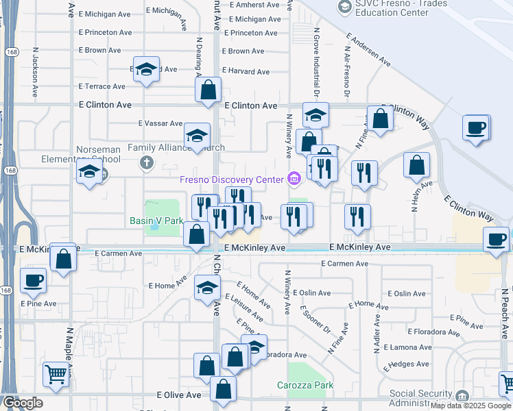 map of restaurants, bars, coffee shops, grocery stores, and more near 4850 East University Avenue in Fresno