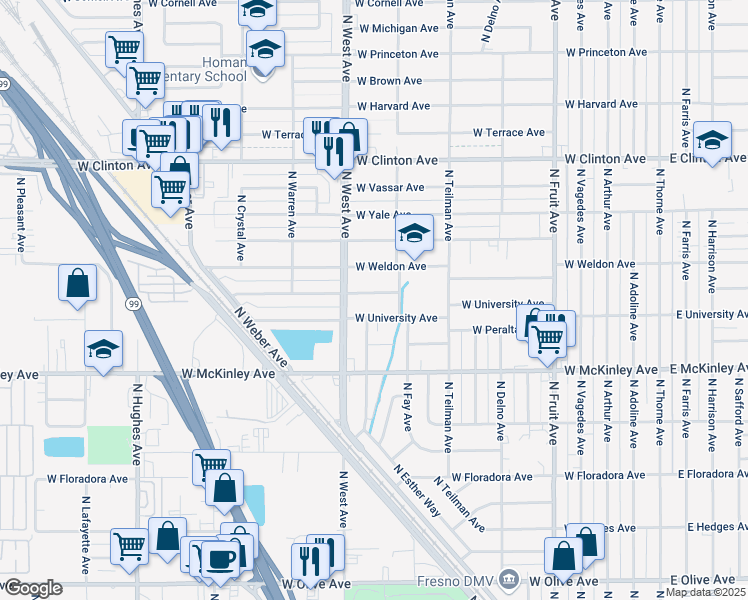 map of restaurants, bars, coffee shops, grocery stores, and more near 1739 North Brooks Avenue in Fresno
