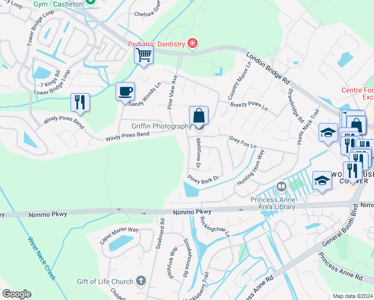 map of restaurants, bars, coffee shops, grocery stores, and more near 2568 Piney Bark Drive in Virginia Beach