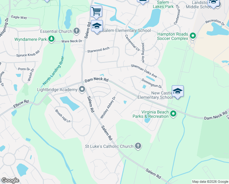 map of restaurants, bars, coffee shops, grocery stores, and more near 2109 Whitley Abbey Drive in Virginia Beach
