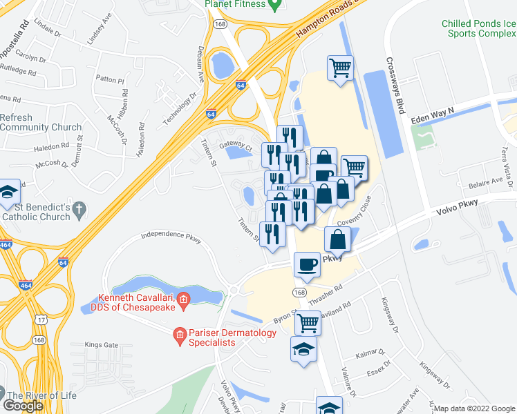 map of restaurants, bars, coffee shops, grocery stores, and more near 205 Red Cedar Court in Chesapeake