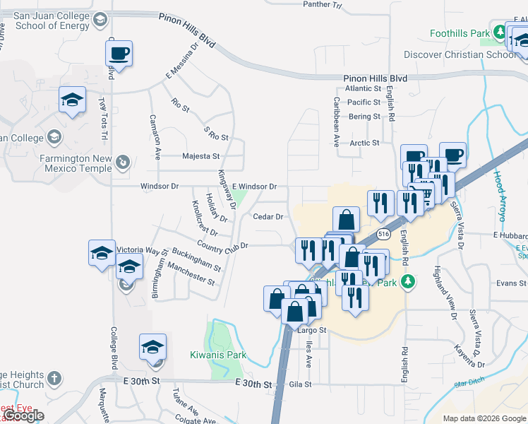 map of restaurants, bars, coffee shops, grocery stores, and more near 4016 East Douglas Street in Farmington