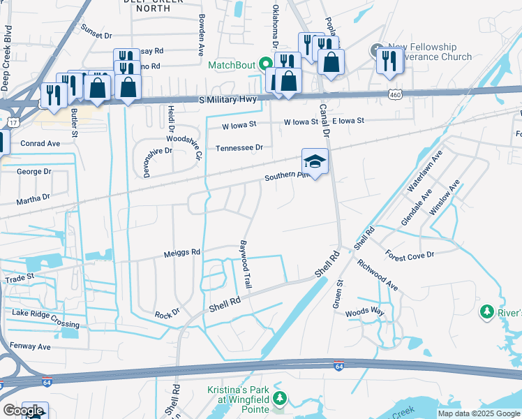 map of restaurants, bars, coffee shops, grocery stores, and more near 709 Baywood Trail in Chesapeake