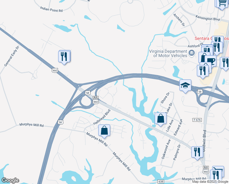 map of restaurants, bars, coffee shops, grocery stores, and more near 2506 Sandy Spring Lane in Suffolk