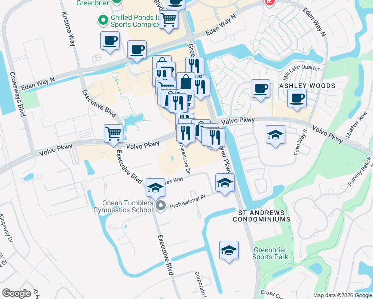 map of restaurants, bars, coffee shops, grocery stores, and more near 801 Volvo Parkway in Chesapeake