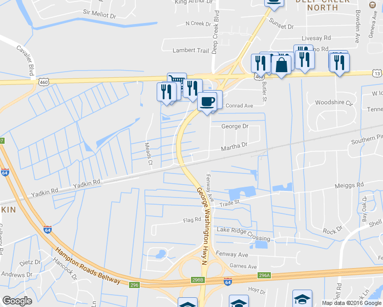 map of restaurants, bars, coffee shops, grocery stores, and more near 2841 Gavin Road in Chesapeake