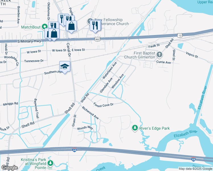 map of restaurants, bars, coffee shops, grocery stores, and more near 1337 Glendale Avenue in Chesapeake
