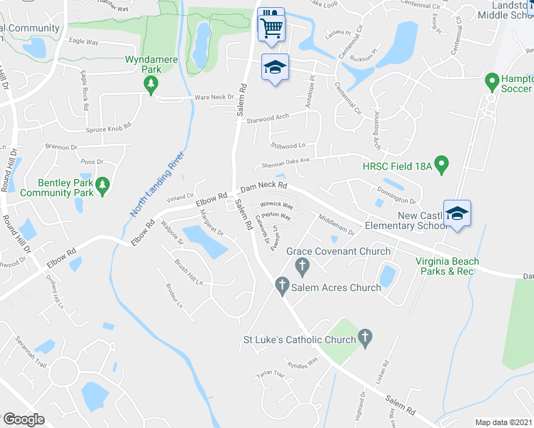 map of restaurants, bars, coffee shops, grocery stores, and more near 3929 Peyton Way in Virginia Beach
