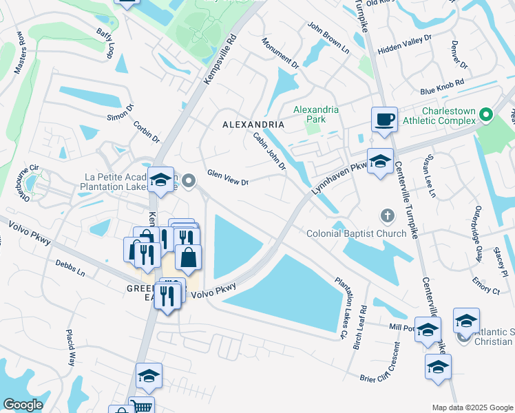map of restaurants, bars, coffee shops, grocery stores, and more near 1110 Veranda Way in Chesapeake