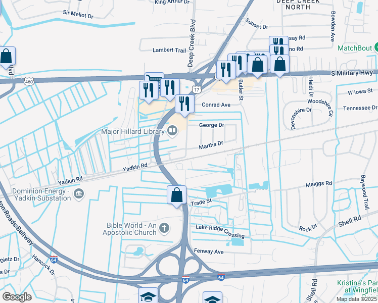 map of restaurants, bars, coffee shops, grocery stores, and more near 821 Old George Washington Highway North in Chesapeake