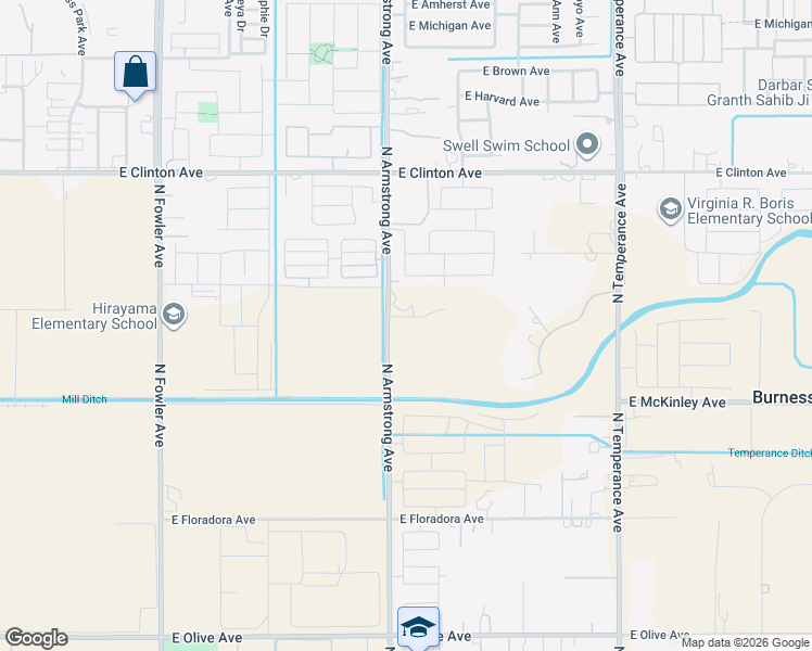 map of restaurants, bars, coffee shops, grocery stores, and more near 2168 North Armstrong Avenue in Fresno