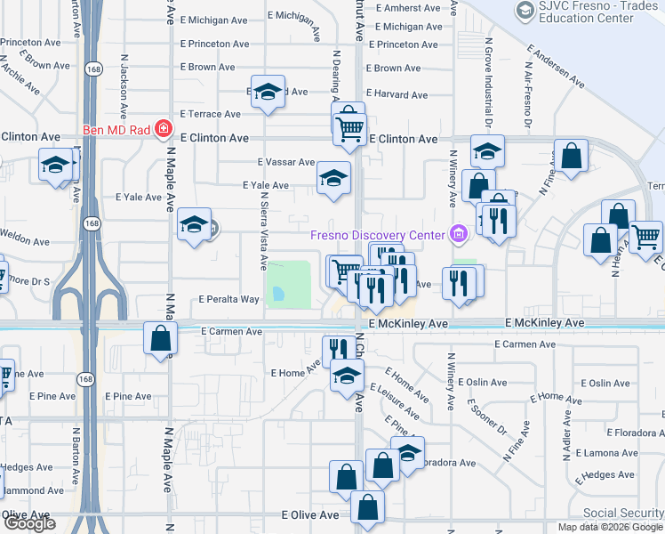 map of restaurants, bars, coffee shops, grocery stores, and more near 1915 North Dearing Avenue in Fresno