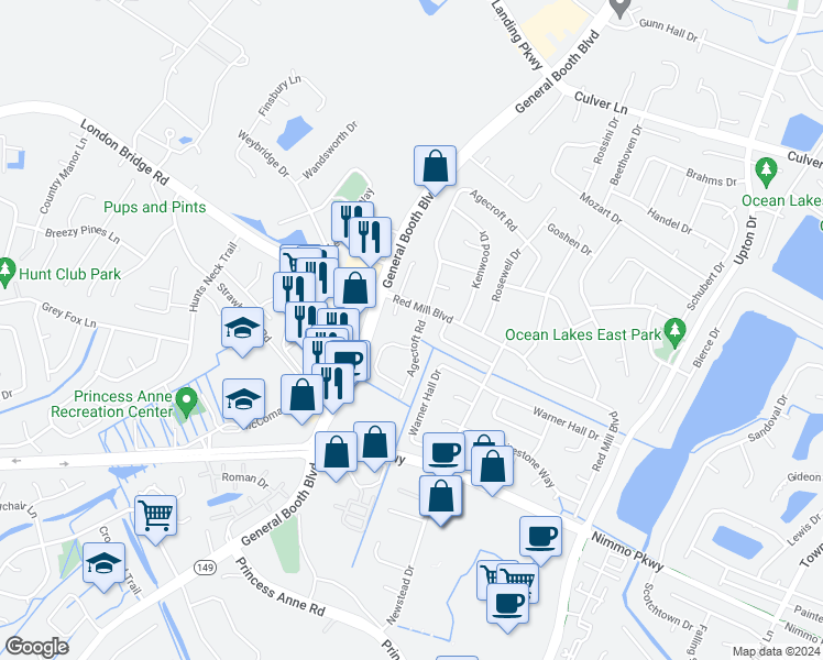 map of restaurants, bars, coffee shops, grocery stores, and more near 2209 Agecroft Road in Virginia Beach