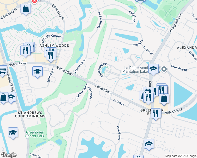 map of restaurants, bars, coffee shops, grocery stores, and more near 1429 Otterbourne Circle in Chesapeake