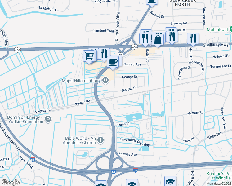 map of restaurants, bars, coffee shops, grocery stores, and more near 821 Old George Washington Highway North in Chesapeake