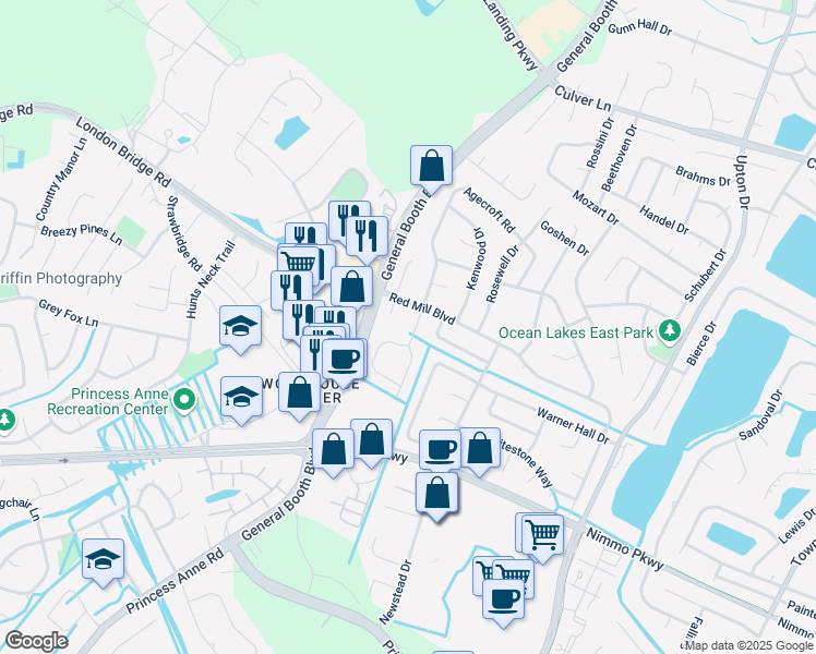 map of restaurants, bars, coffee shops, grocery stores, and more near 2209 Agecroft Road in Virginia Beach