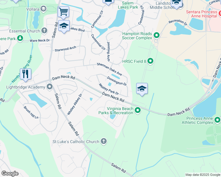 map of restaurants, bars, coffee shops, grocery stores, and more near 3852 Whitley Park Drive in Virginia Beach