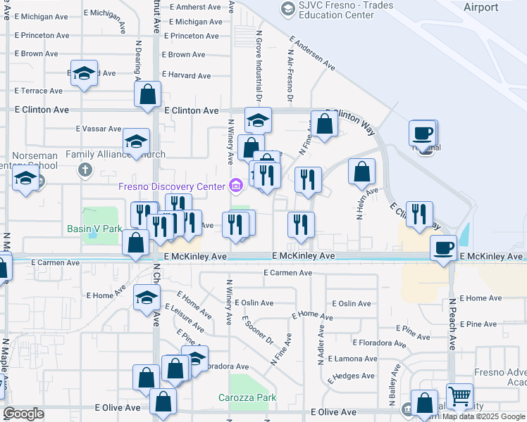 map of restaurants, bars, coffee shops, grocery stores, and more near 1923 North Fine Avenue in Fresno