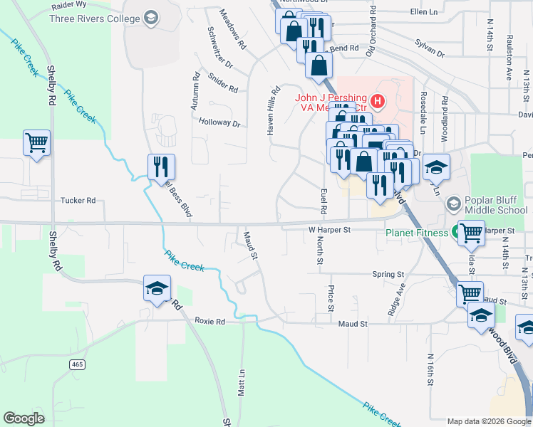 map of restaurants, bars, coffee shops, grocery stores, and more near 1203 Lurlyn Road in Poplar Bluff
