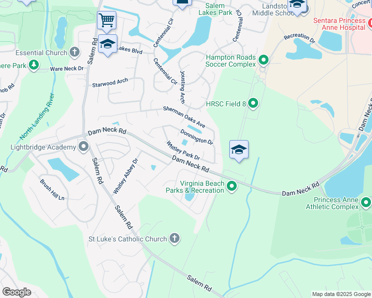 map of restaurants, bars, coffee shops, grocery stores, and more near 3852 Whitley Park Drive in Virginia Beach