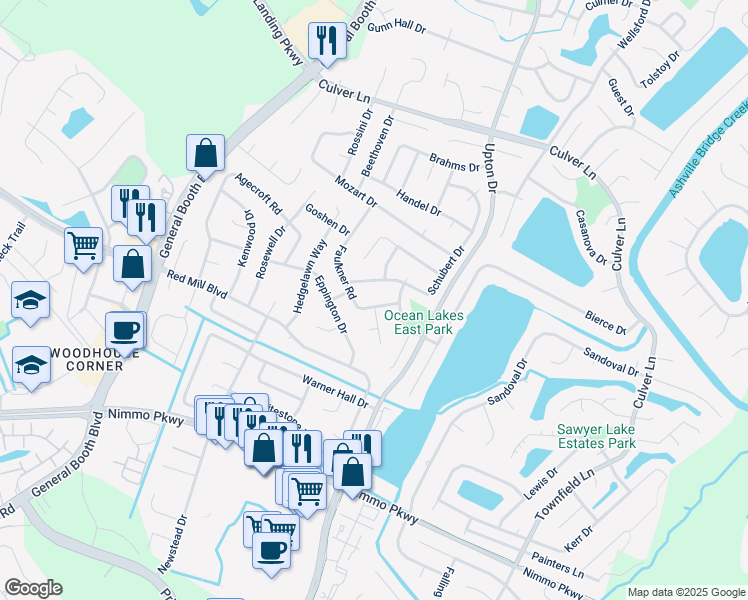 map of restaurants, bars, coffee shops, grocery stores, and more near 1212 Faulkner Road in Virginia Beach