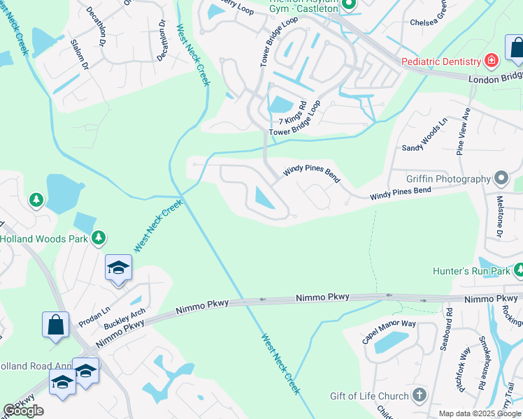map of restaurants, bars, coffee shops, grocery stores, and more near 2576 Springhaven Drive in Virginia Beach