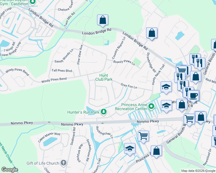 map of restaurants, bars, coffee shops, grocery stores, and more near 2113 Grey Fox Lane in Virginia Beach
