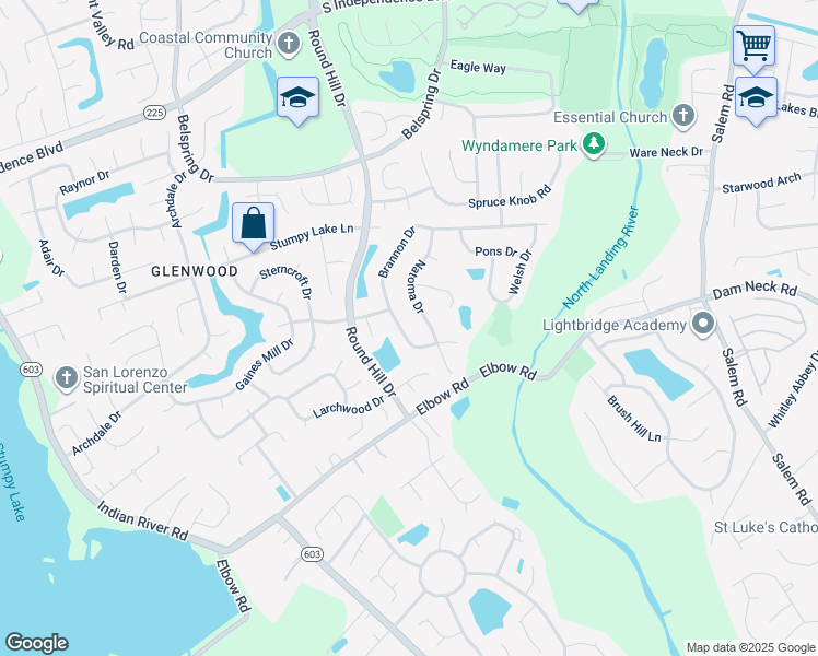 map of restaurants, bars, coffee shops, grocery stores, and more near 3649 Brannon Drive in Virginia Beach