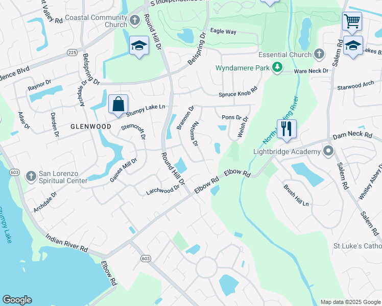 map of restaurants, bars, coffee shops, grocery stores, and more near 3649 Brannon Drive in Virginia Beach
