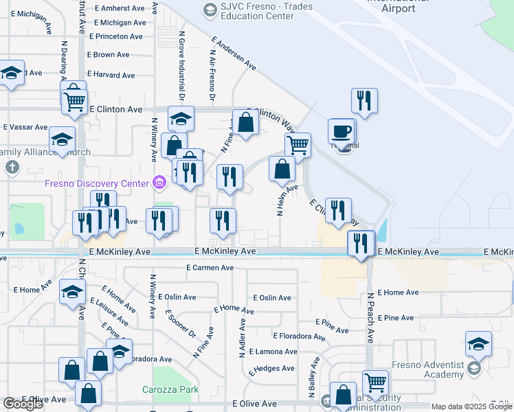 map of restaurants, bars, coffee shops, grocery stores, and more near 1849 North Helm Avenue in Fresno
