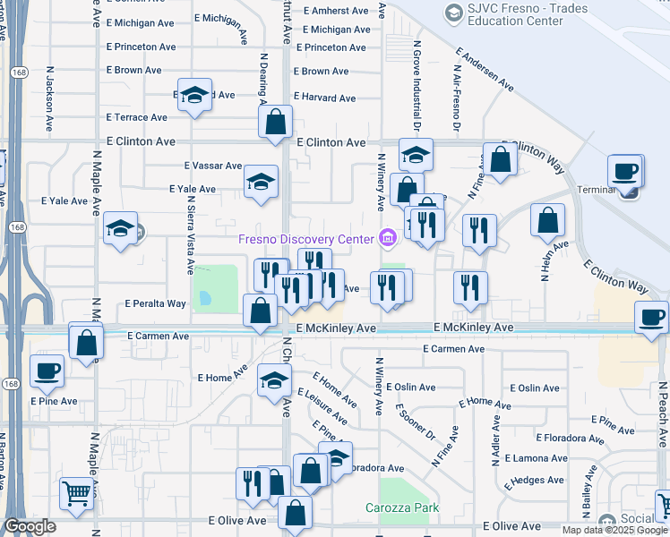 map of restaurants, bars, coffee shops, grocery stores, and more near 4841 East Normal Avenue in Fresno